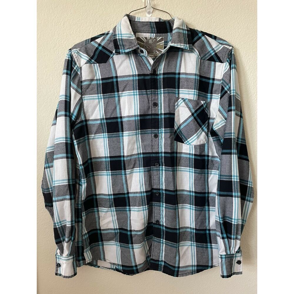 Blue Crown Black Plaid Collared Button Up Long Sleeve Men's Flannel Shirt Size L